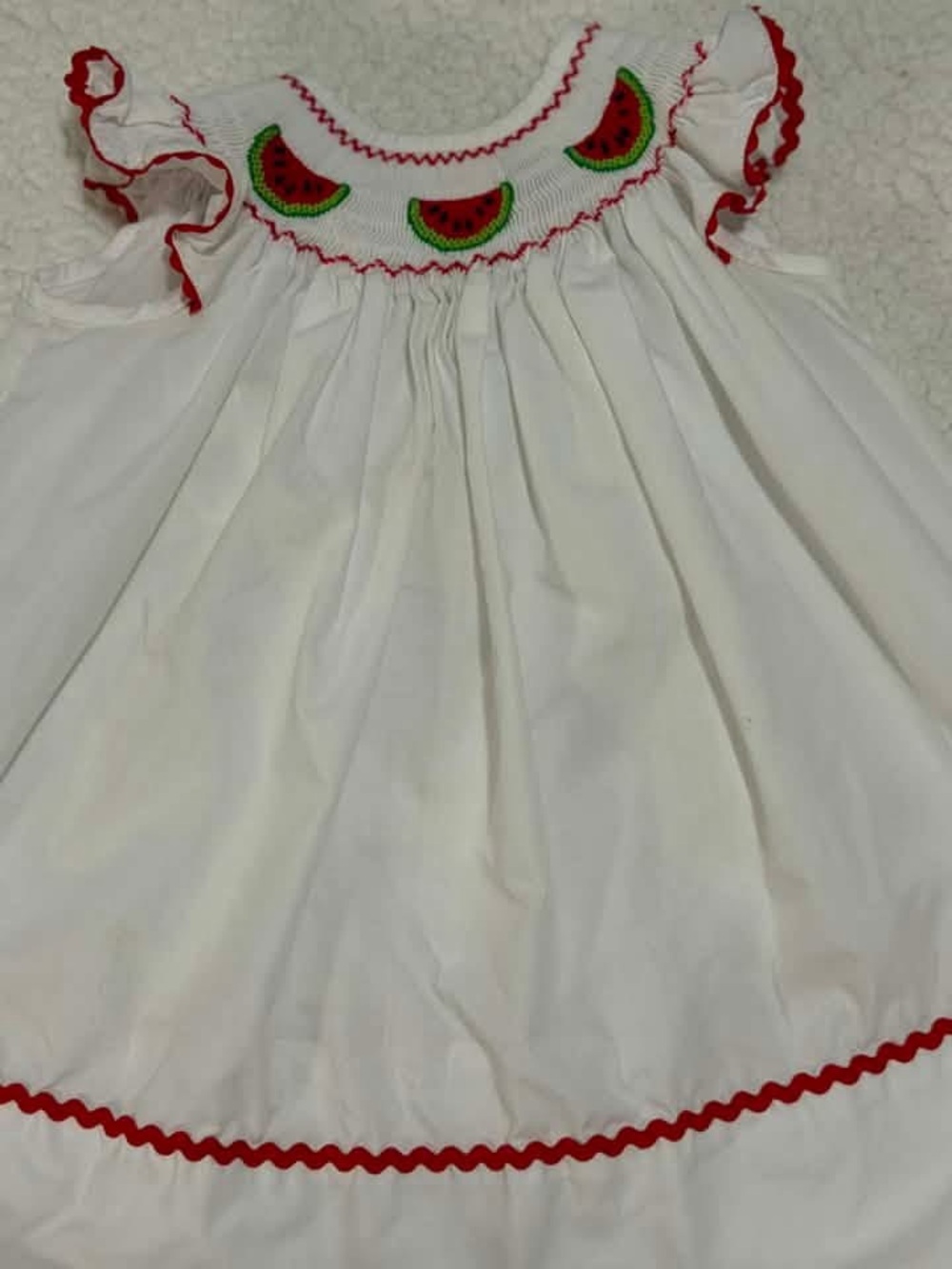 White Baby Dress with Watermelon Smocking and Red Trim - Picture 1 of 1